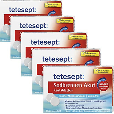 tetesept Sodbrennen Akut Kautabletten – 5 x 20 Tabletten – mit frischem Minzgeschmack, zuckerfrei – schnell wirkende Magentabletten gegen Sodbrennen im Sale